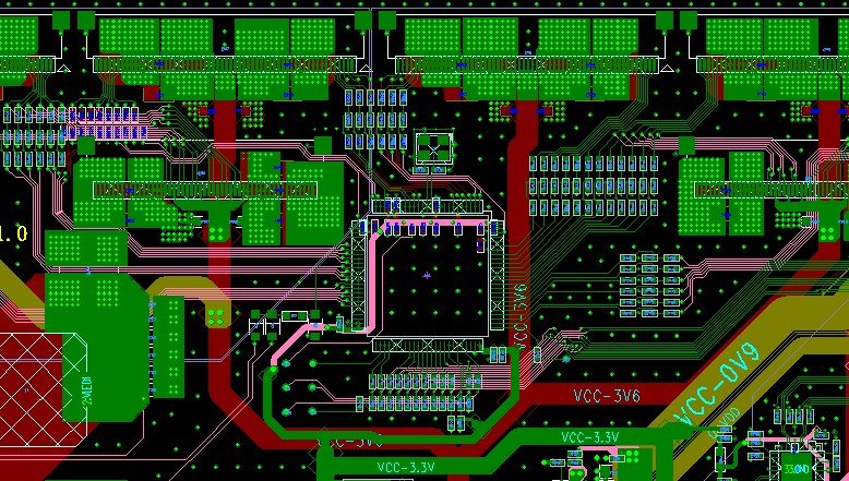 PCB layout design: CAD view of printed circuit board component placement, copper traces, and routing