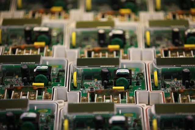 Mass production line for PCBA manufacturing, showing automated SMT assembly and volume production