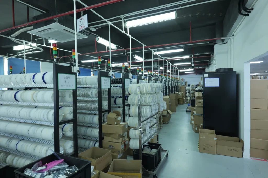 Material warehouse panoramic view, showing PCB raw material storage shelves and inventory