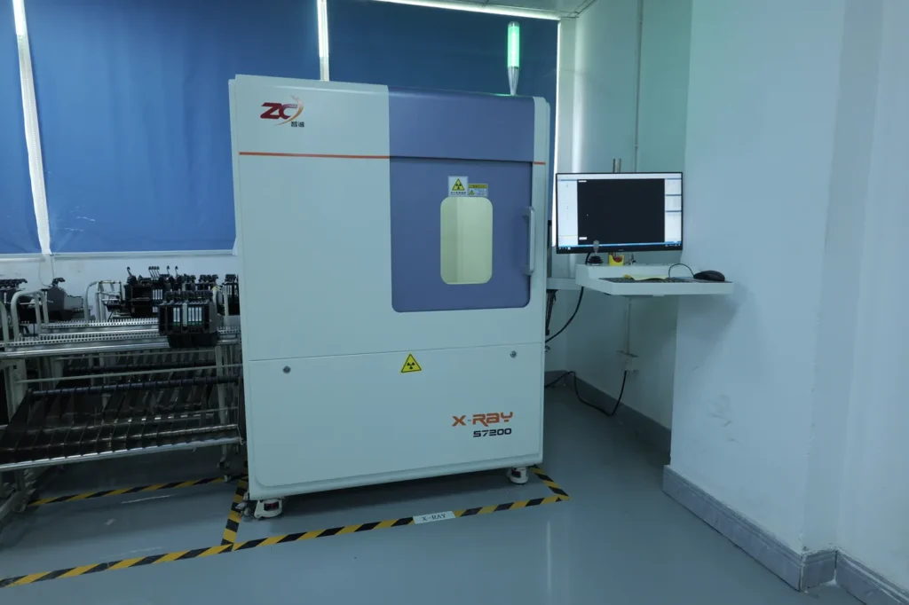 X-ray inspection station in an SMT production line, used for PCB solder joint and BGA quality control