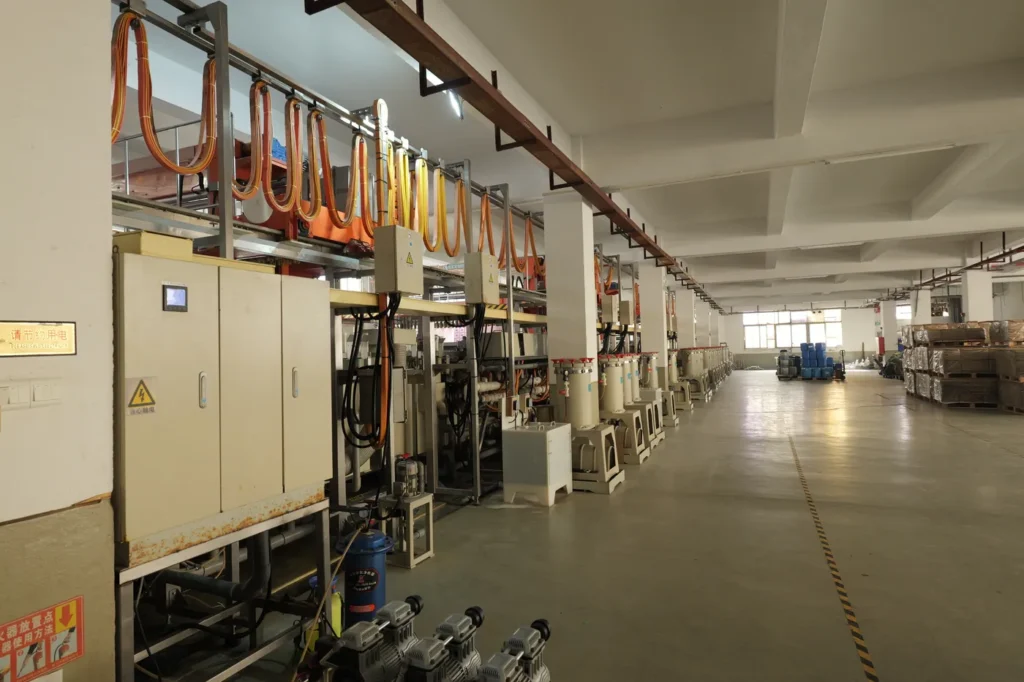 Overview of the copper deposition workshop for PCB manufacturing, including the electroless copper plating line and work areas