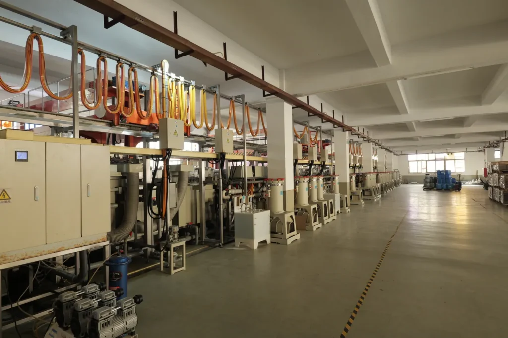 Overview of the copper deposition workshop for PCB manufacturing, including the electroless copper plating line and work areas
